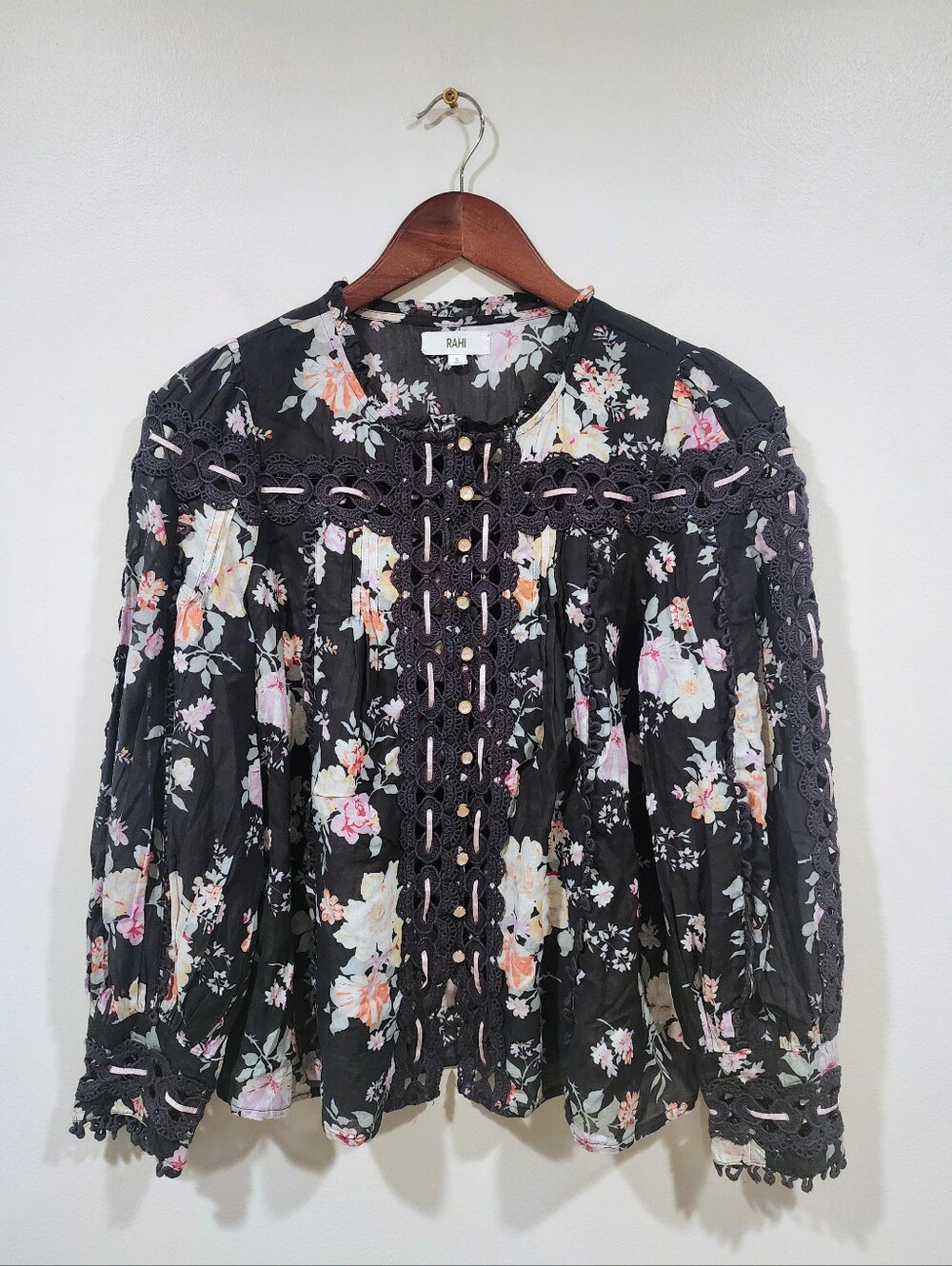 Anthropologie Rahi Black Floral Peasant Top